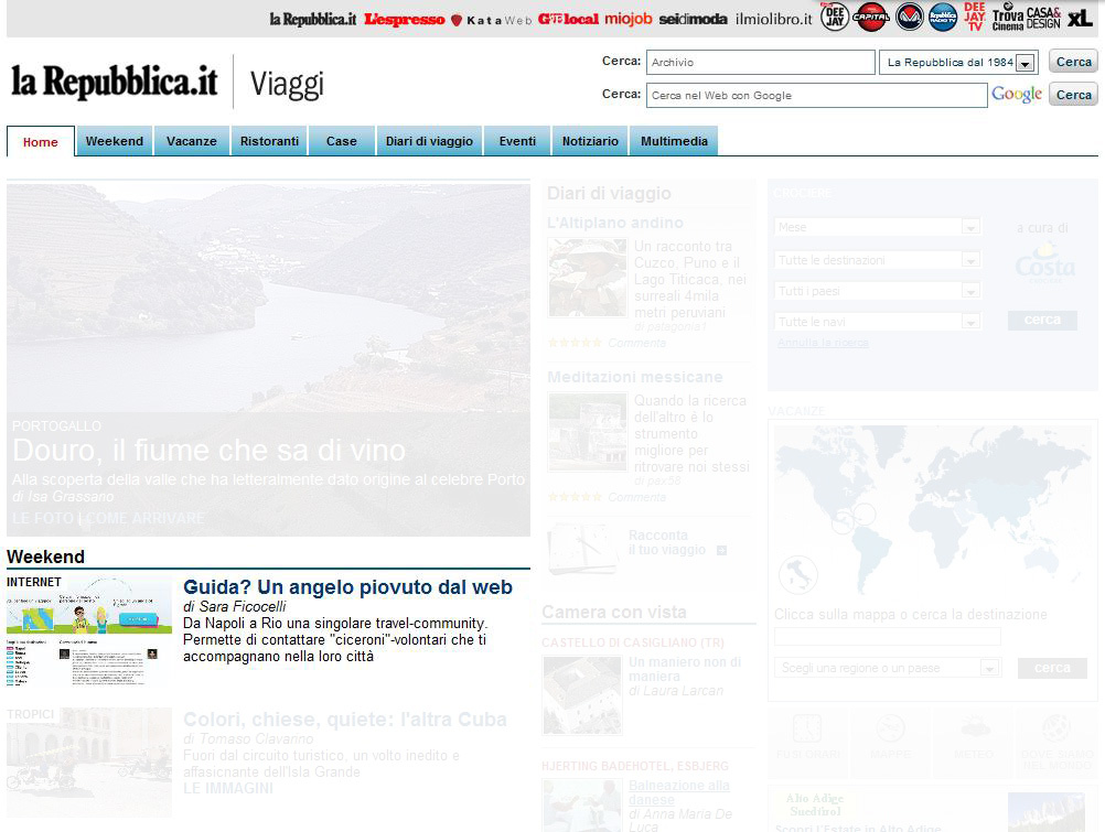 2. Ecco come appariva ancora stamattina la homepage di Repubblica.it | Viaggi: Angeli per Viaggiatori è la seconda notizia!